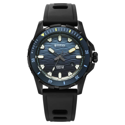 Titan Zero Hour Diver's 100m Quartz Analog Blue Dial Black FKM Strap Watch For Men 10067kp02