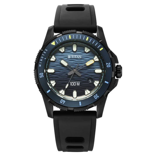 Titan Zero Hour Diver's 100m Quartz Analog Blue Dial Black FKM Strap Watch For Men 10067kp02