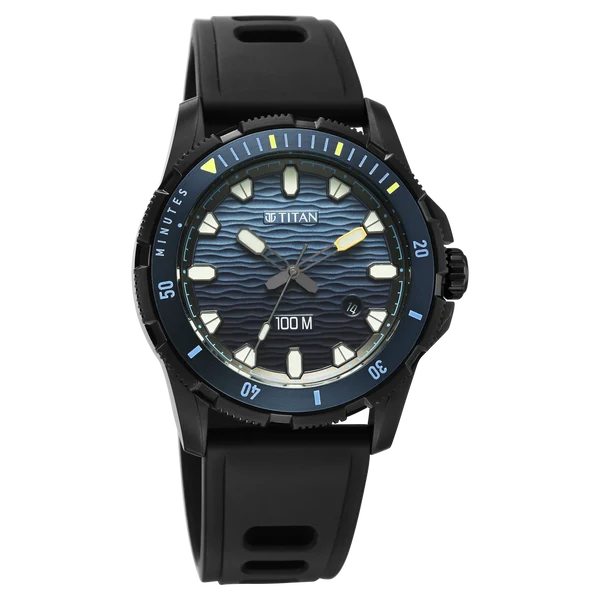 Titan Zero Hour Diver's 100m Quartz Analog Blue Dial Black FKM Strap Watch For Men 10067kp02