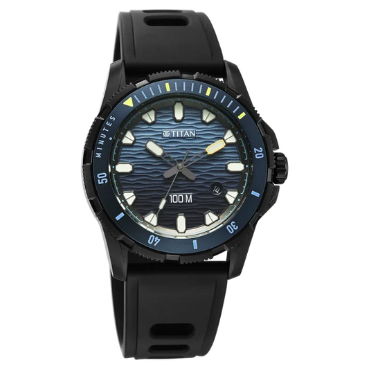 Titan Zero Hour Diver's 100m Quartz Analog Blue Dial Black FKM Strap Watch For Men 10067kp02
