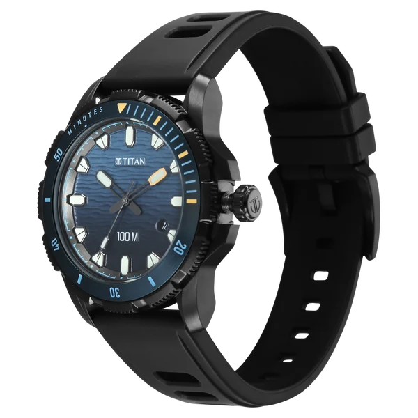 Titan Zero Hour Diver's 100m Quartz Analog Blue Dial Black FKM Strap Watch For Men 10067kp02