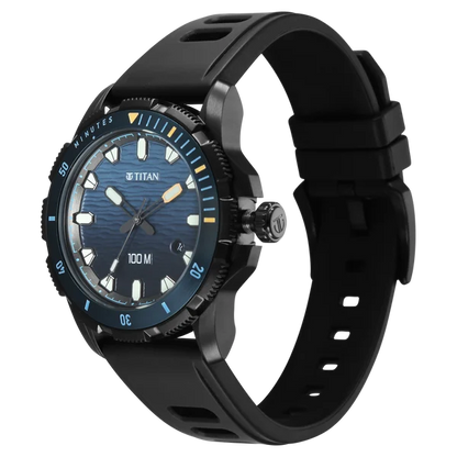 Titan Zero Hour Diver's 100m Quartz Analog Blue Dial Black FKM Strap Watch For Men 10067kp02