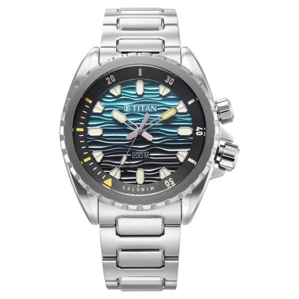 Titan Zero Hour Diver's 200m Quartz Analog Blue Dial Silver Stainless Steel Strap Watch For Men 10068km01