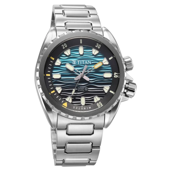 Titan Zero Hour Diver's 200m Quartz Analog Blue Dial Silver Stainless Steel Strap Watch For Men 10068km01