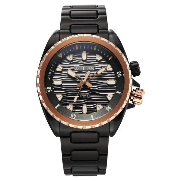 Titan Zero Hour Diver's 200m Quartz Analog Black Dial Black Stainless Steel Strap Watch For Men 10068km02