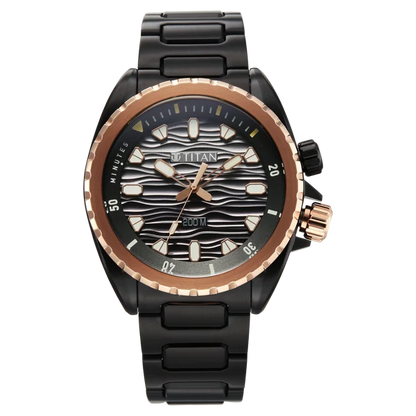 Titan Zero Hour Diver's 200m Quartz Analog Black Dial Black Stainless Steel Strap Watch For Men 10068km02