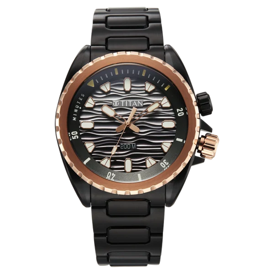 Titan Zero Hour Diver's 200m Quartz Analog Black Dial Black Stainless Steel Strap Watch For Men 10068km02
