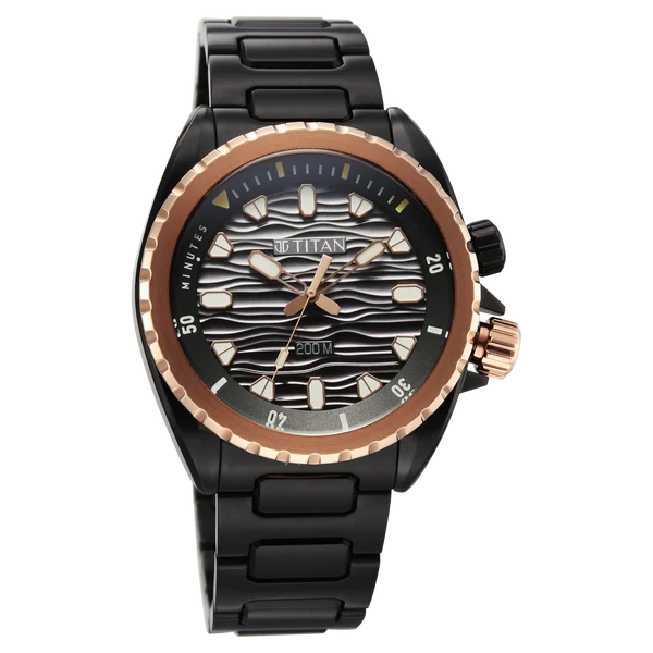 Titan Zero Hour Diver's 200m Quartz Analog Black Dial Black Stainless Steel Strap Watch For Men 10068km02
