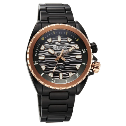 Titan Zero Hour Diver's 200m Quartz Analog Black Dial Black Stainless Steel Strap Watch For Men 10068km02