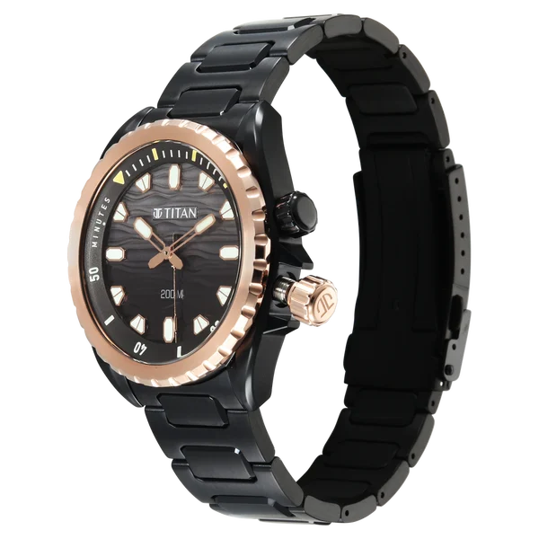 Titan Zero Hour Diver's 200m Quartz Analog Black Dial Black Stainless Steel Strap Watch For Men 10068km02