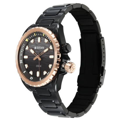 Titan Zero Hour Diver's 200m Quartz Analog Black Dial Black Stainless Steel Strap Watch For Men 10068km02
