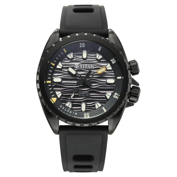 Titan Zero Hour Diver's 200m Quartz Analog Black Dial Black FKM Strap Watch For Men 10068np01