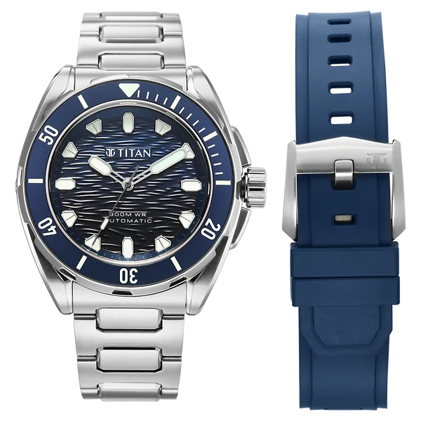 Titan Zero Hour Diver's 300m Automatic Analog Blue Dial Silver Stainless Steel Strap Watch For Men 10069km01