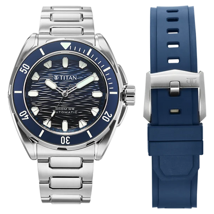 Titan Zero Hour Diver's 300m Automatic Analog Blue Dial Silver Stainless Steel Strap Watch For Men 10069km01