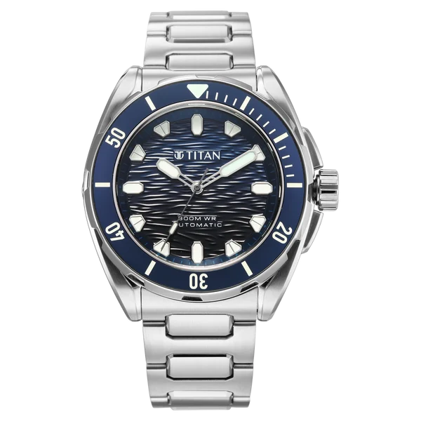 Titan Zero Hour Diver's 300m Automatic Analog Blue Dial Silver Stainless Steel Strap Watch For Men 10069km01