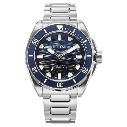Titan Zero Hour Diver's 300m Automatic Analog Blue Dial Silver Stainless Steel Strap Watch For Men 10069km01