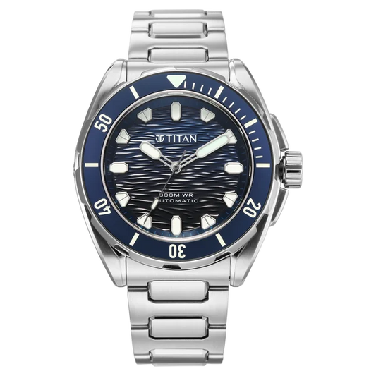 Titan Zero Hour Diver's 300m Automatic Analog Blue Dial Silver Stainless Steel Strap Watch For Men 10069km01