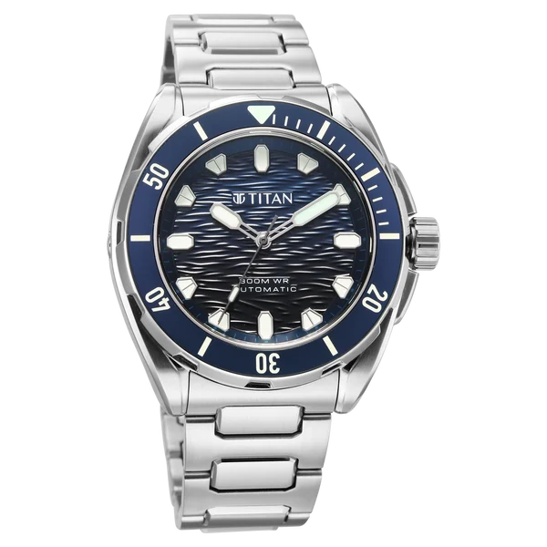 Titan Zero Hour Diver's 300m Automatic Analog Blue Dial Silver Stainless Steel Strap Watch For Men 10069km01
