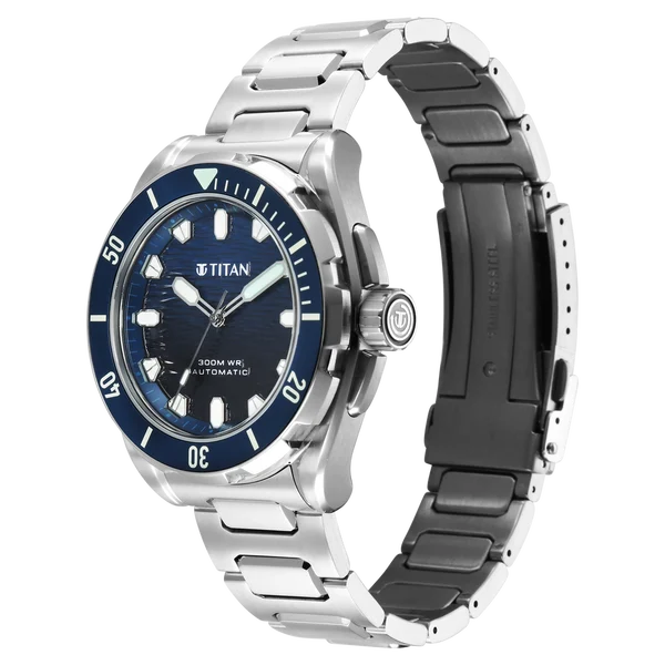 Titan Zero Hour Diver's 300m Automatic Analog Blue Dial Silver Stainless Steel Strap Watch For Men 10069km01