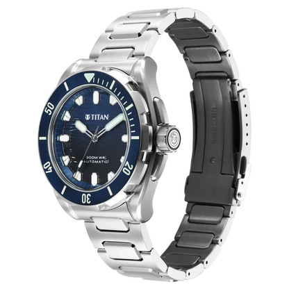 Titan Zero Hour Diver's 300m Automatic Analog Blue Dial Silver Stainless Steel Strap Watch For Men 10069km01