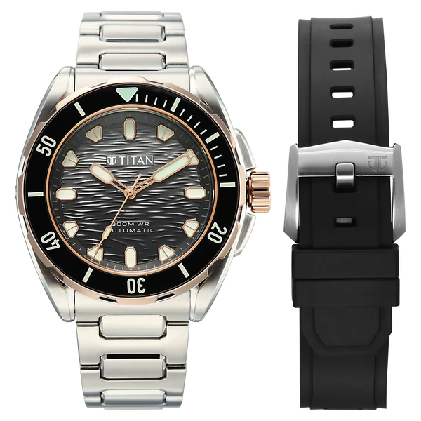 Titan Zero Hour Diver's 300m Automatic Analog Black Dial Silver Stainless Steel Strap Watch For Men 10069km02