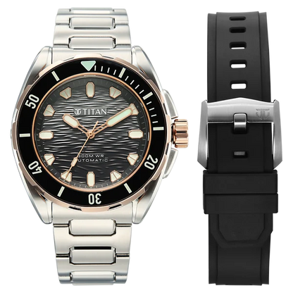 Titan Zero Hour Diver's 300m Automatic Analog Black Dial Silver Stainless Steel Strap Watch For Men 10069km02