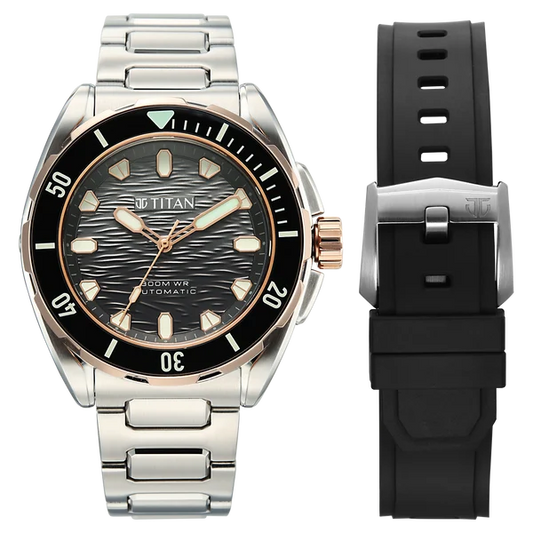 Titan Zero Hour Diver's 300m Automatic Analog Black Dial Silver Stainless Steel Strap Watch For Men 10069km02