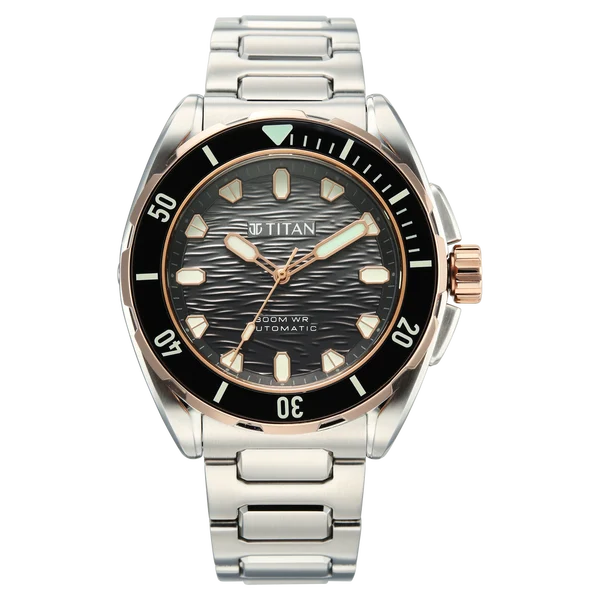 Titan Zero Hour Diver's 300m Automatic Analog Black Dial Silver Stainless Steel Strap Watch For Men 10069km02
