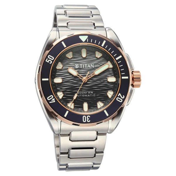 Titan Zero Hour Diver's 300m Automatic Analog Black Dial Silver Stainless Steel Strap Watch For Men 10069km02