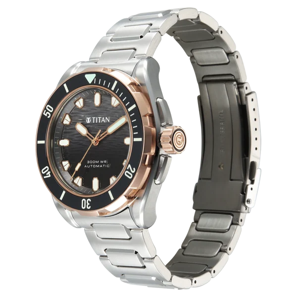 Titan Zero Hour Diver's 300m Automatic Analog Black Dial Silver Stainless Steel Strap Watch For Men 10069km02