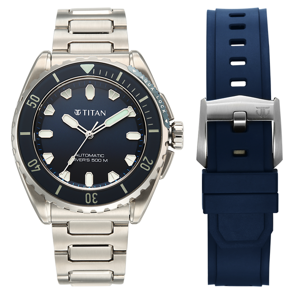 Titan Zero Hour Professional Diver's 500m Limited Edition Automatic Analog with Blue Dial Silver Titanium & Blue FKM Strap Watch for Men 10071KM01
