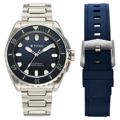 Titan Zero Hour Professional Diver's 500m Limited Edition Automatic Analog with Blue Dial Silver Titanium & Blue FKM Strap Watch for Men 10071KM01