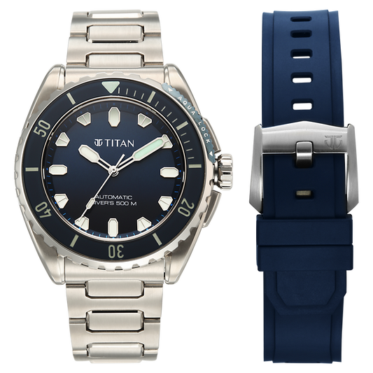 Titan Zero Hour Professional Diver's 500m Limited Edition Automatic Analog with Blue Dial Silver Titanium & Blue FKM Strap Watch for Men 10071KM01