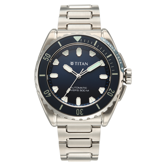 Titan Zero Hour Professional Diver's 500m Limited Edition Automatic Analog with Blue Dial Silver Titanium & Blue FKM Strap Watch for Men 10071KM01