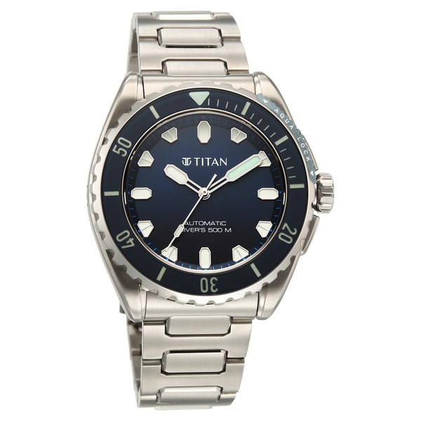 Titan Zero Hour Professional Diver's 500m Limited Edition Automatic Analog with Blue Dial Silver Titanium & Blue FKM Strap Watch for Men 10071KM01