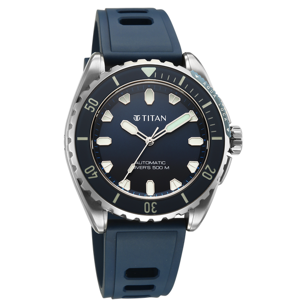 Titan Zero Hour Professional Diver's 500m Limited Edition Automatic Analog with Blue Dial Silver Titanium & Blue FKM Strap Watch for Men 10071KM01