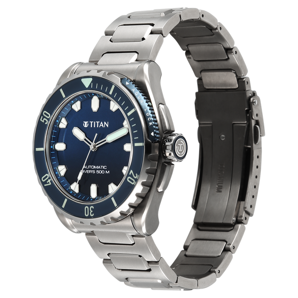 Titan Zero Hour Professional Diver's 500m Limited Edition Automatic Analog with Blue Dial Silver Titanium & Blue FKM Strap Watch for Men 10071KM01