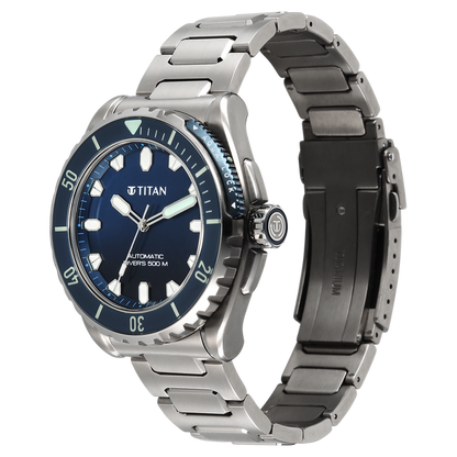 Titan Zero Hour Professional Diver's 500m Limited Edition Automatic Analog with Blue Dial Silver Titanium & Blue FKM Strap Watch for Men 10071KM01