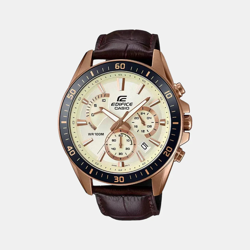 Casio Edifice Men Quartz Rose Gold Dial Chronograph Leather Watch EX359