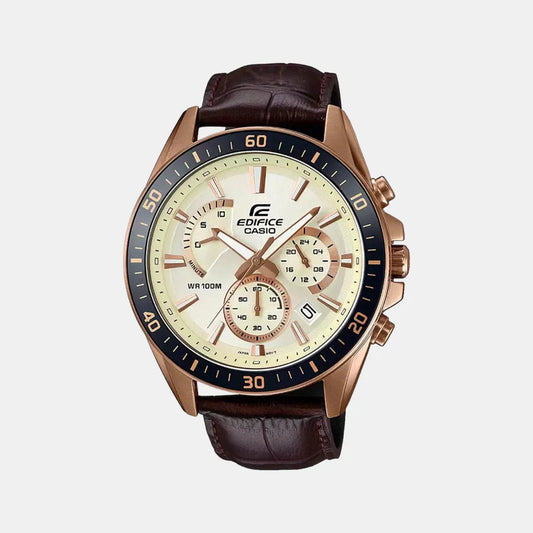 Casio Edifice Men Quartz Rose Gold Dial Chronograph Leather Watch EX359