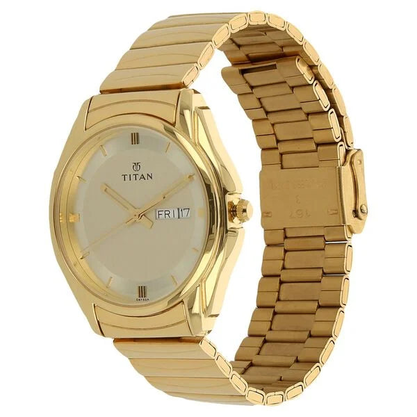 Titan Quartz Analog with Day and Date Champagne Dial Golden Stainless Steel Strap Watch For Men nu1578ym05