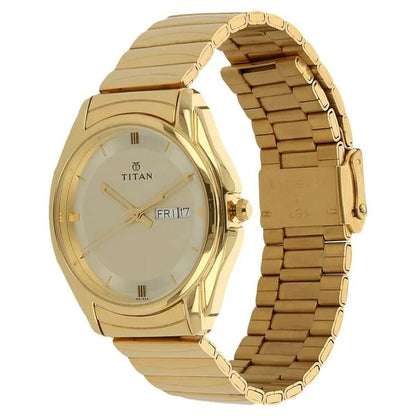 Titan Quartz Analog with Day and Date Champagne Dial Golden Stainless Steel Strap Watch For Men nu1578ym05