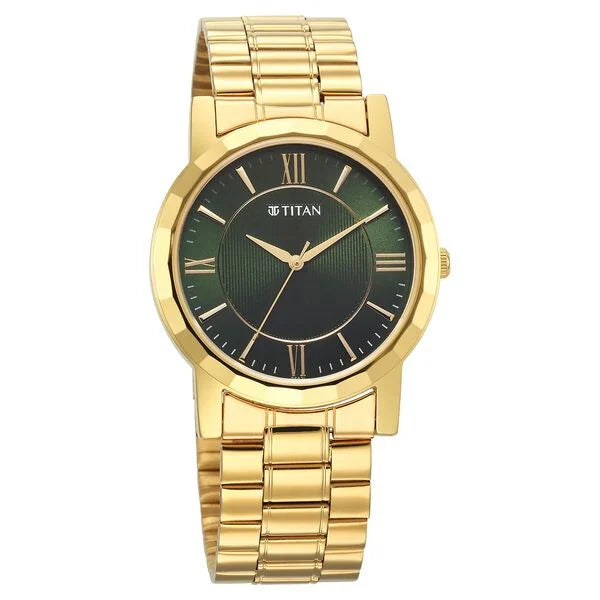 Titan Karishma Zing Quartz Analog Green Dial Golden Stainless Steel Strap Watch For Men nu1644ym05