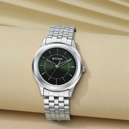 Titan Karishma Zing Quartz Analog Green Dial Silver Stainless Steel Strap Watch For Men - 35 mm Dial Size - Small Dial 1648sm01