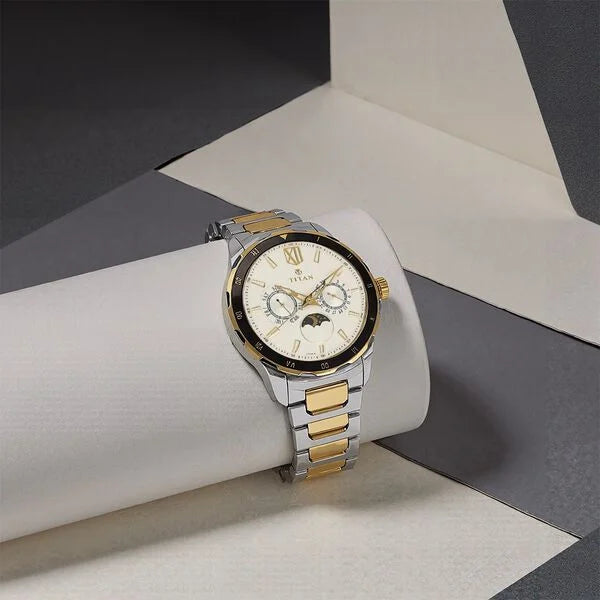 Titan Quartz Multifunction White Dial Stainless Steel Strap Watch for Men