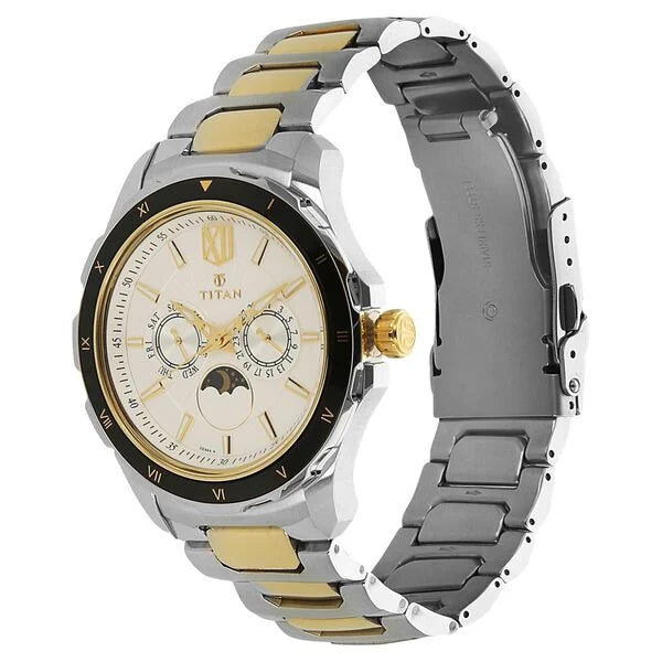 Titan Quartz Multifunction White Dial Stainless Steel Strap Watch for Men