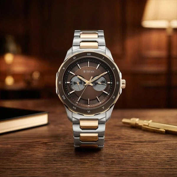Titan Regalia Opulent Two-Eye Multifunction Brown Panda Dial Rose Gold And Steel Bimetal Strap Watch For Men 1688km10