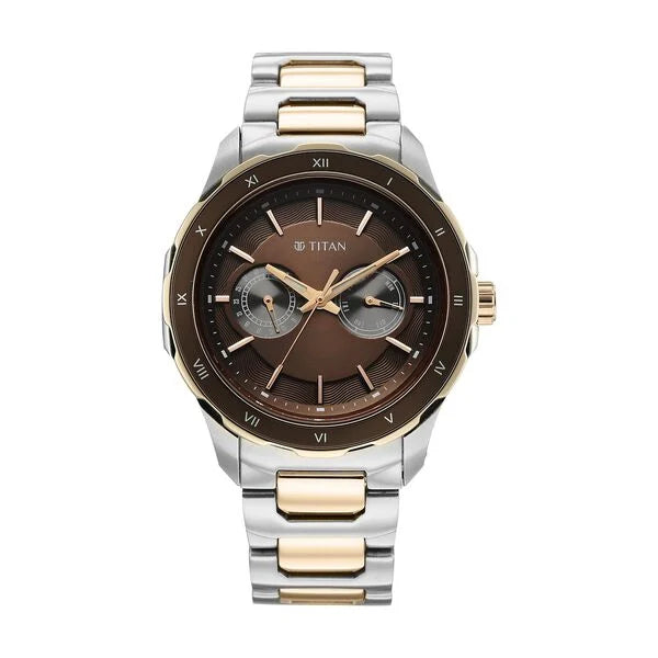 Titan Regalia Opulent Two-Eye Multifunction Brown Panda Dial Rose Gold And Steel Bimetal Strap Watch For Men 1688km10