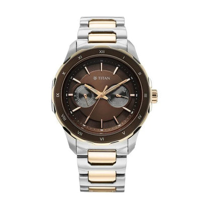 Titan Regalia Opulent Two-Eye Multifunction Brown Panda Dial Rose Gold And Steel Bimetal Strap Watch For Men 1688km10