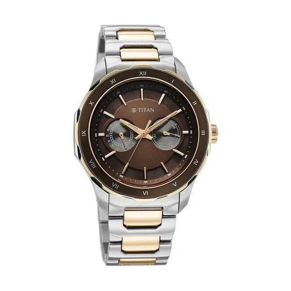 Titan Regalia Opulent Two-Eye Multifunction Brown Panda Dial Rose Gold And Steel Bimetal Strap Watch For Men 1688km10